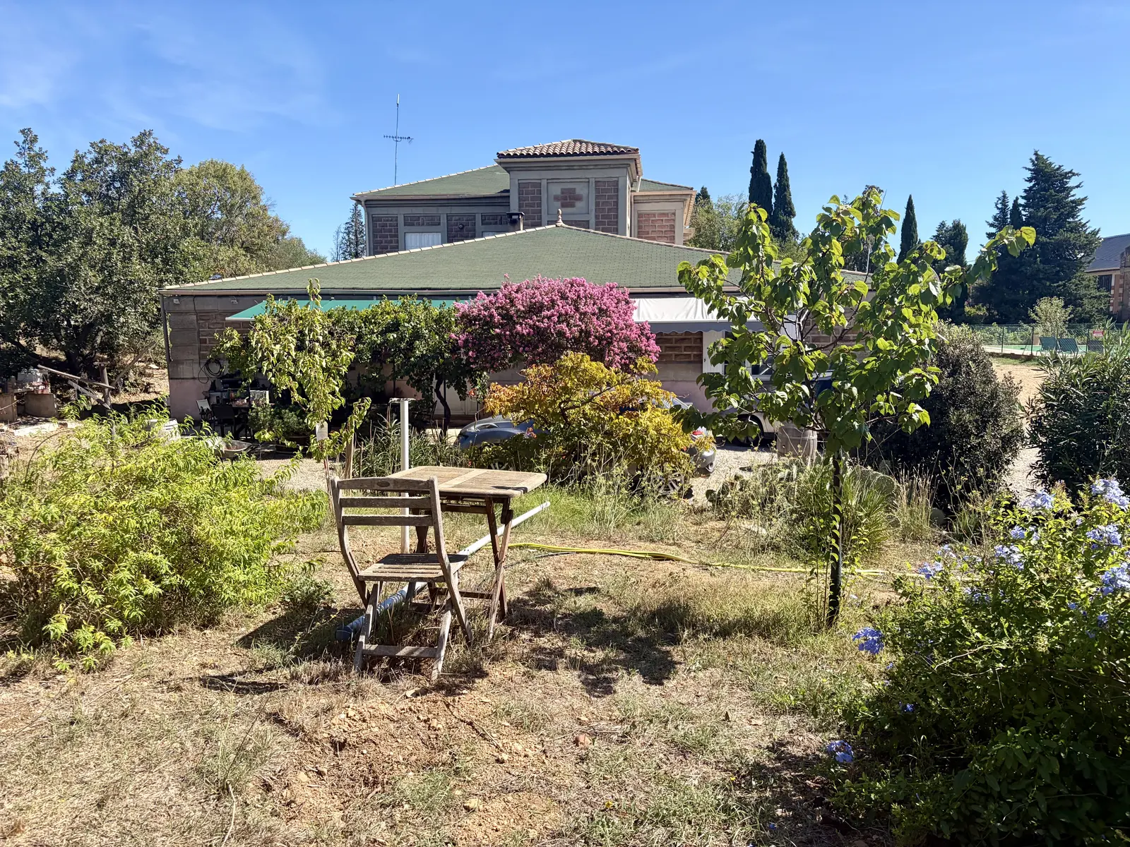 Jardin commun avec table, vigne et la maison en arrière-plan
