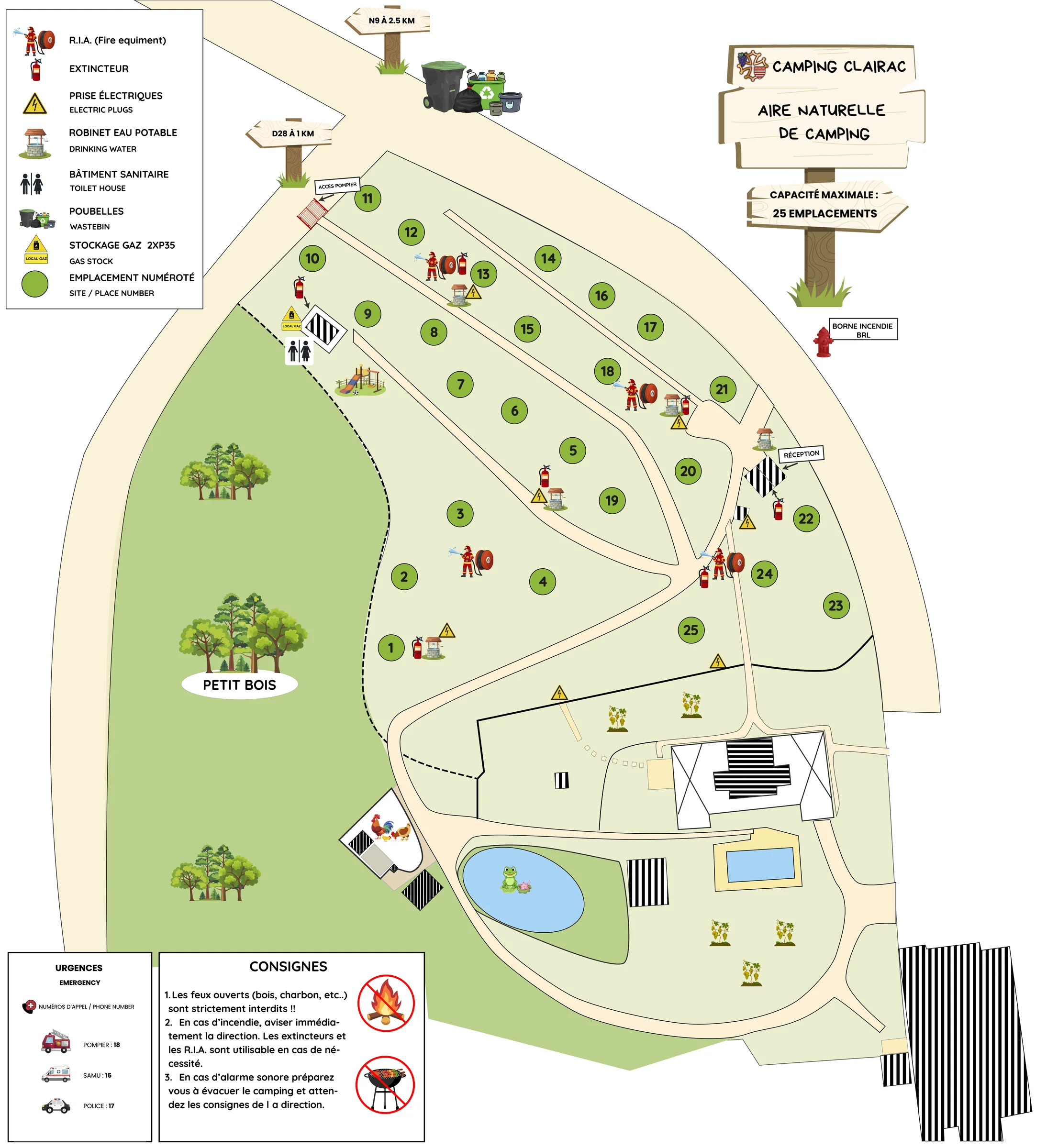 Plan du camping avec emplacements numérotés, sanitaires, aire de jeux et équipements de sécurité incendie